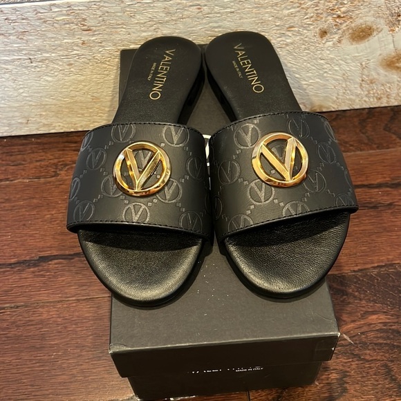 Valentino Black and Gold Slide Sandals - Picture 1 of 6